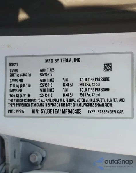2021 Tesla Model 3 from USA, damaged, VIN 5YJ3E1EA1MF940403